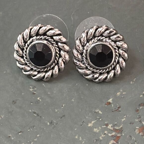 Vtg LANDAU silver & black onyx stud earrings pierced Yurman vibes - Picture 1 of 5